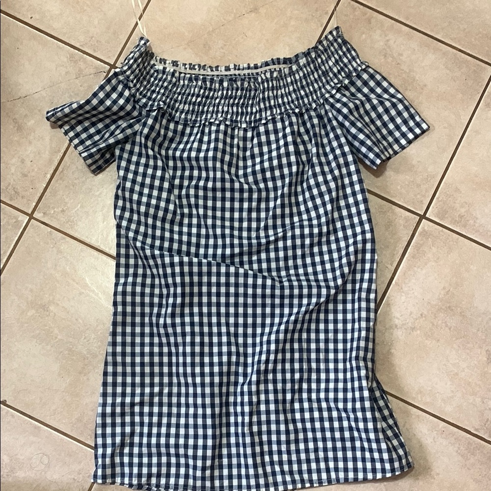 Blue and White Gingham Off-Shoulder Dress